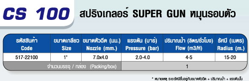 ตาราง CS 100 หัวสปริงเกลอร์ SUPER GUN